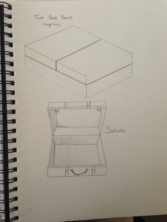 These are just some rough sketches of various types of boxes that are possible ideas for my Cabinet of Curiosity. I really like the idea of the two she boxes stuck together as this gives me more space, a little shelf whilst maintaining a high level of being easy to transport.